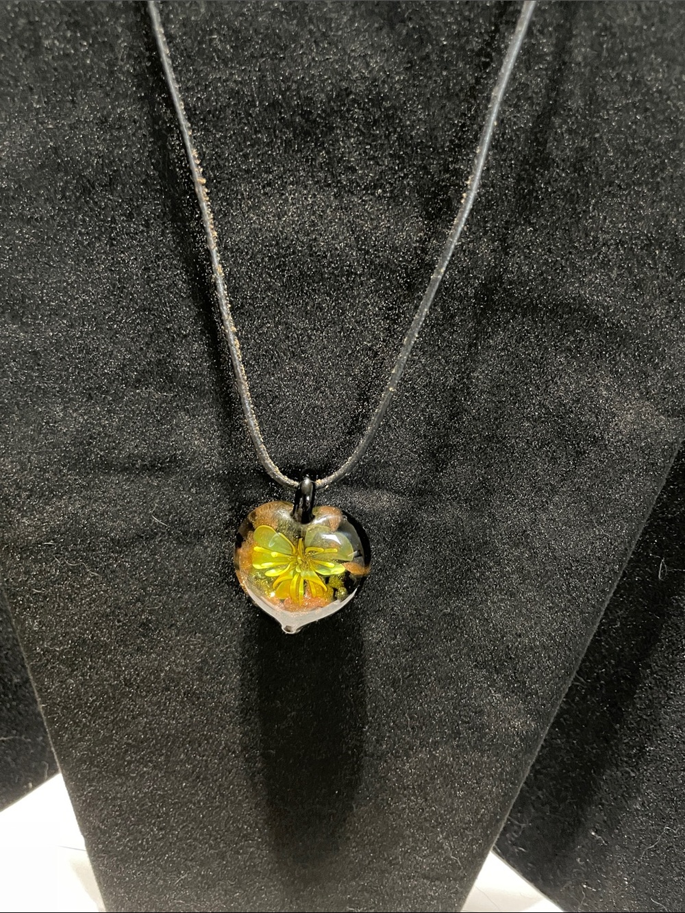Handmade Glass Heart Pendant Necklace with Yellow-Green Flower.  M’s